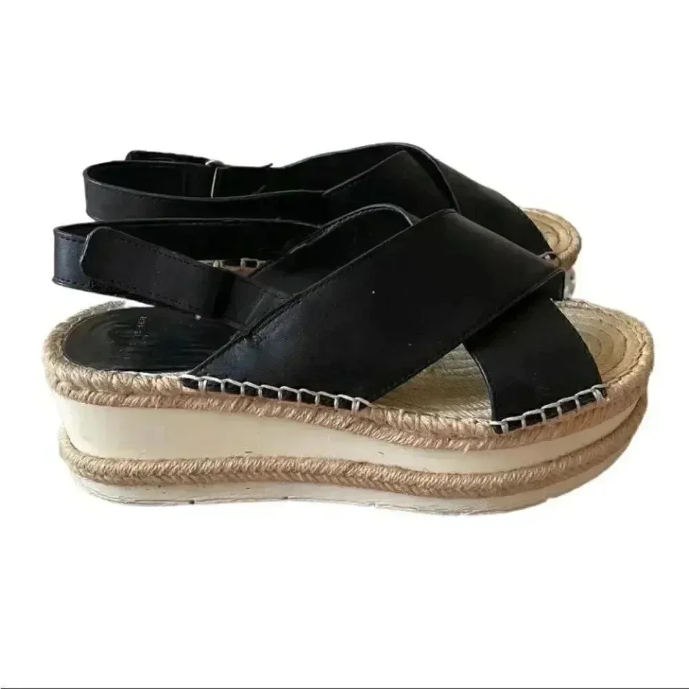 Marc Fisher Gandy Black Platform Wedge Espadrille Leather Sandals SZ 9M